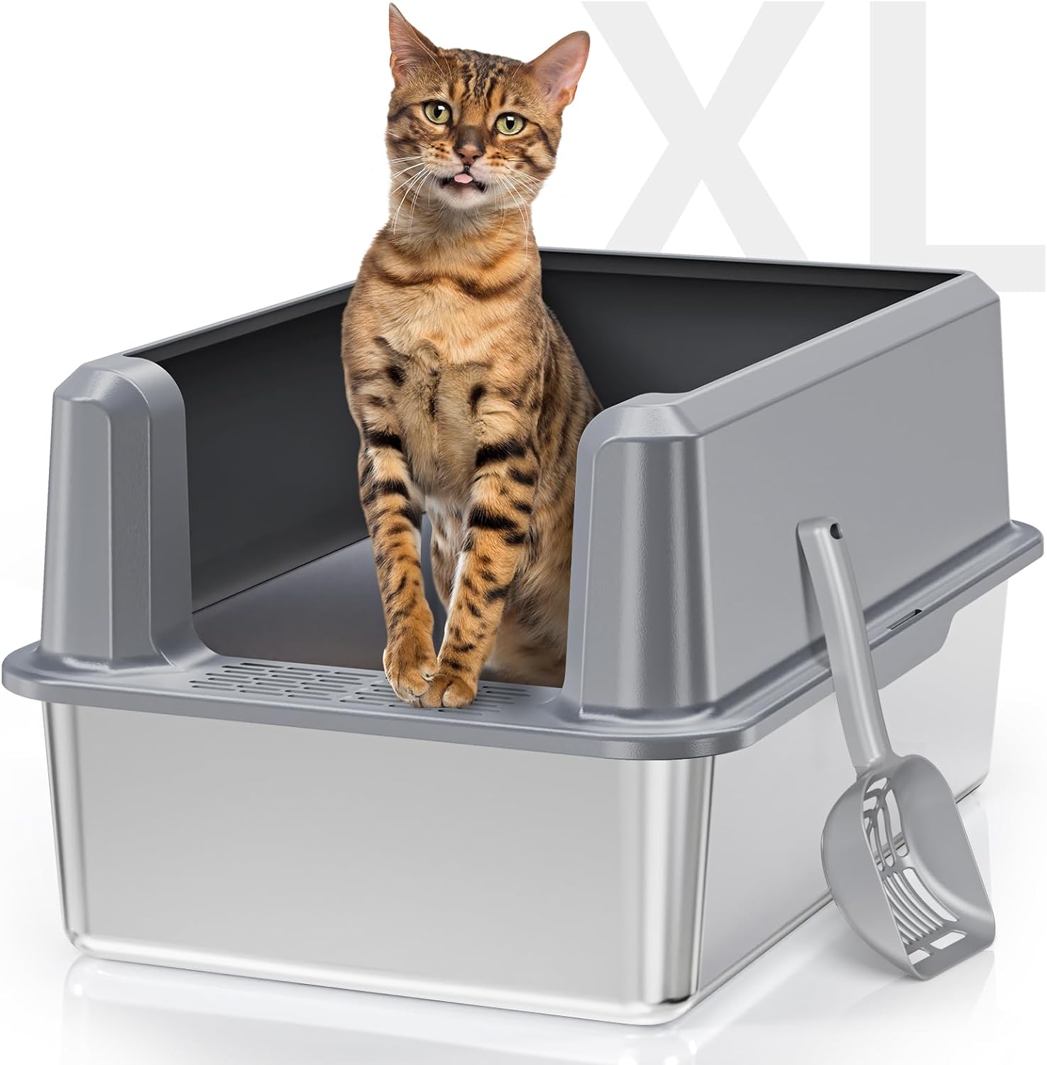 Extra große geschlossene Katzentoilette aus Edelstahl von Suitfeel mit Deckel – geruchsfreie, leicht zu reinigende Lösung für große Katzen, komplett mit Streuschaufel und Anti-Leck-Design