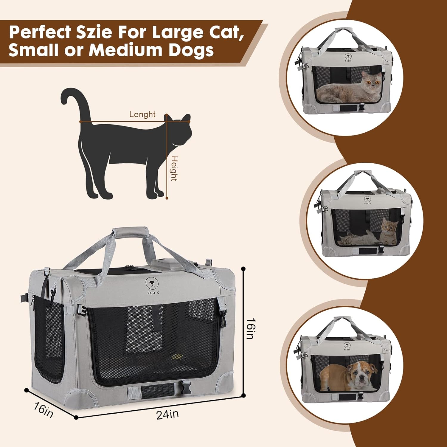 PEGIC Extra große, weiche Transportbox für zwei Katzen – tragbare Premium-Tragetasche für Reisen und den täglichen Gebrauch (24" x 16" x 16")