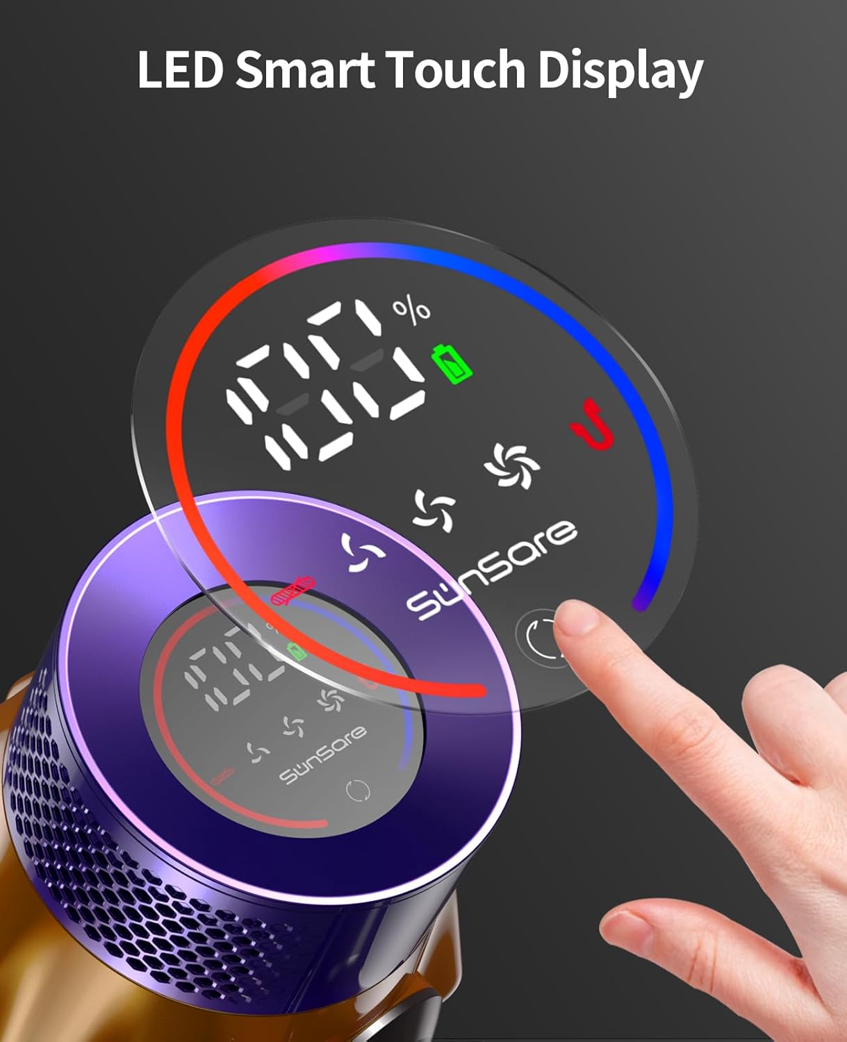 SunSare X7A Akku-Staubsauger – leistungsstarker 550-W-Motor, 13,2 PSI Saugleistung, 60 Minuten Laufzeit und intelligente Touchscreen-Steuerung