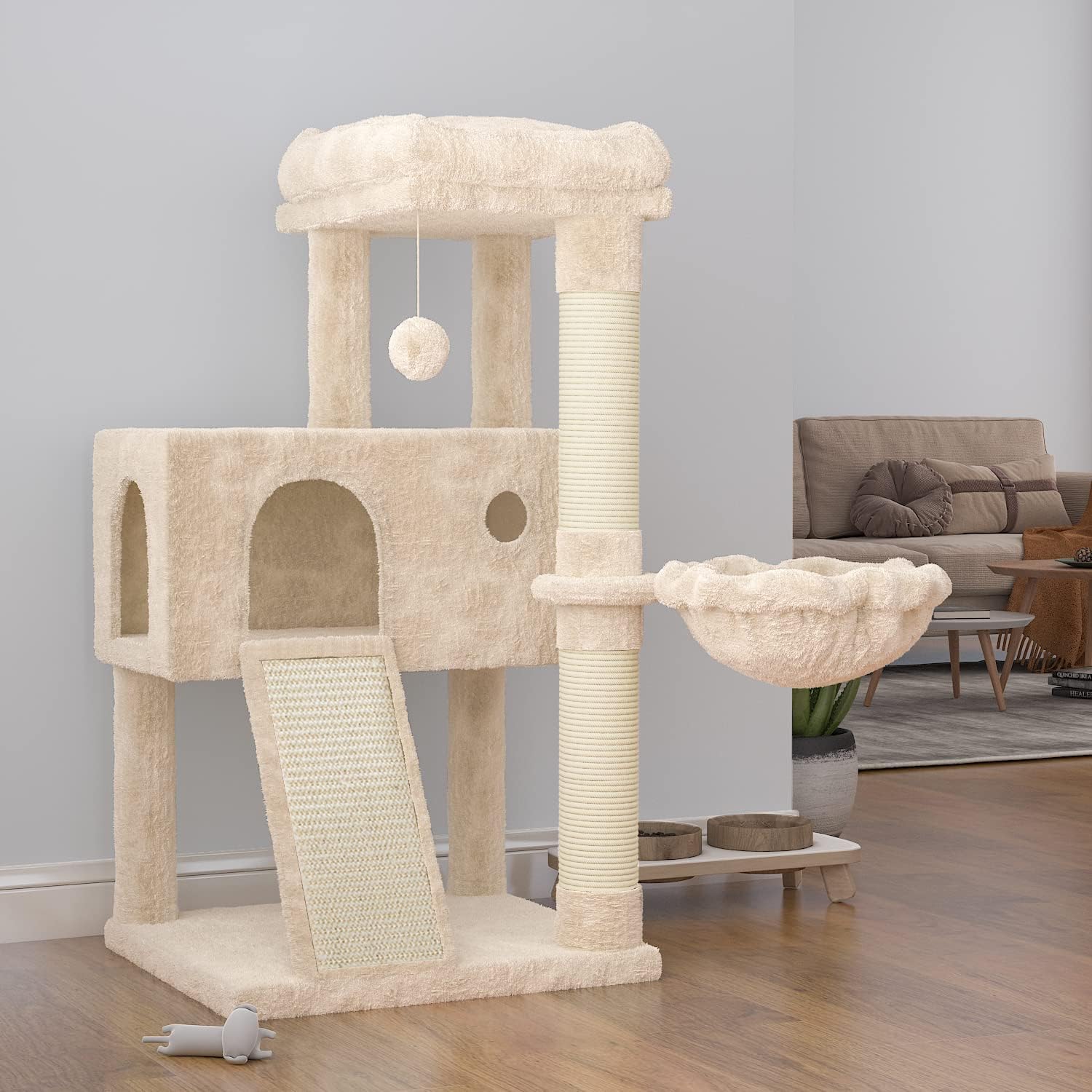 SHA CERLIN 36-Zoll-Kratzbaumturm mit Hängematte und Sisal-Kratzstämmen – Beige