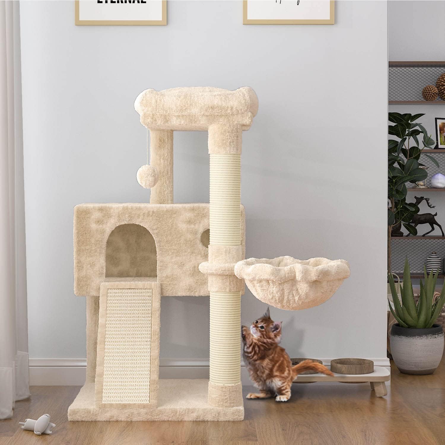 SHA CERLIN 36-Zoll-Kratzbaumturm mit Hängematte und Sisal-Kratzstämmen – Beige