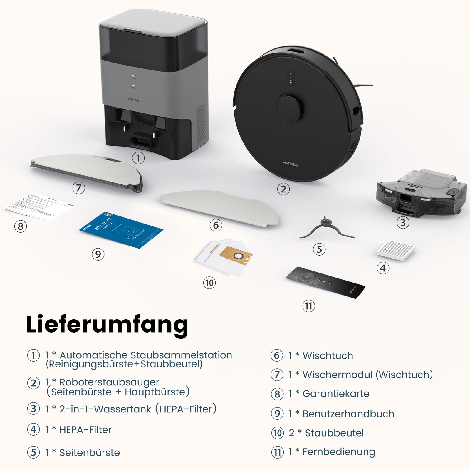 AIRROBO T20+ Saugroboter mit Wischfunktion, 3,5L Absaugstation, 180 Min Laufzeit, LiDAR Navigation, für Tierhaare