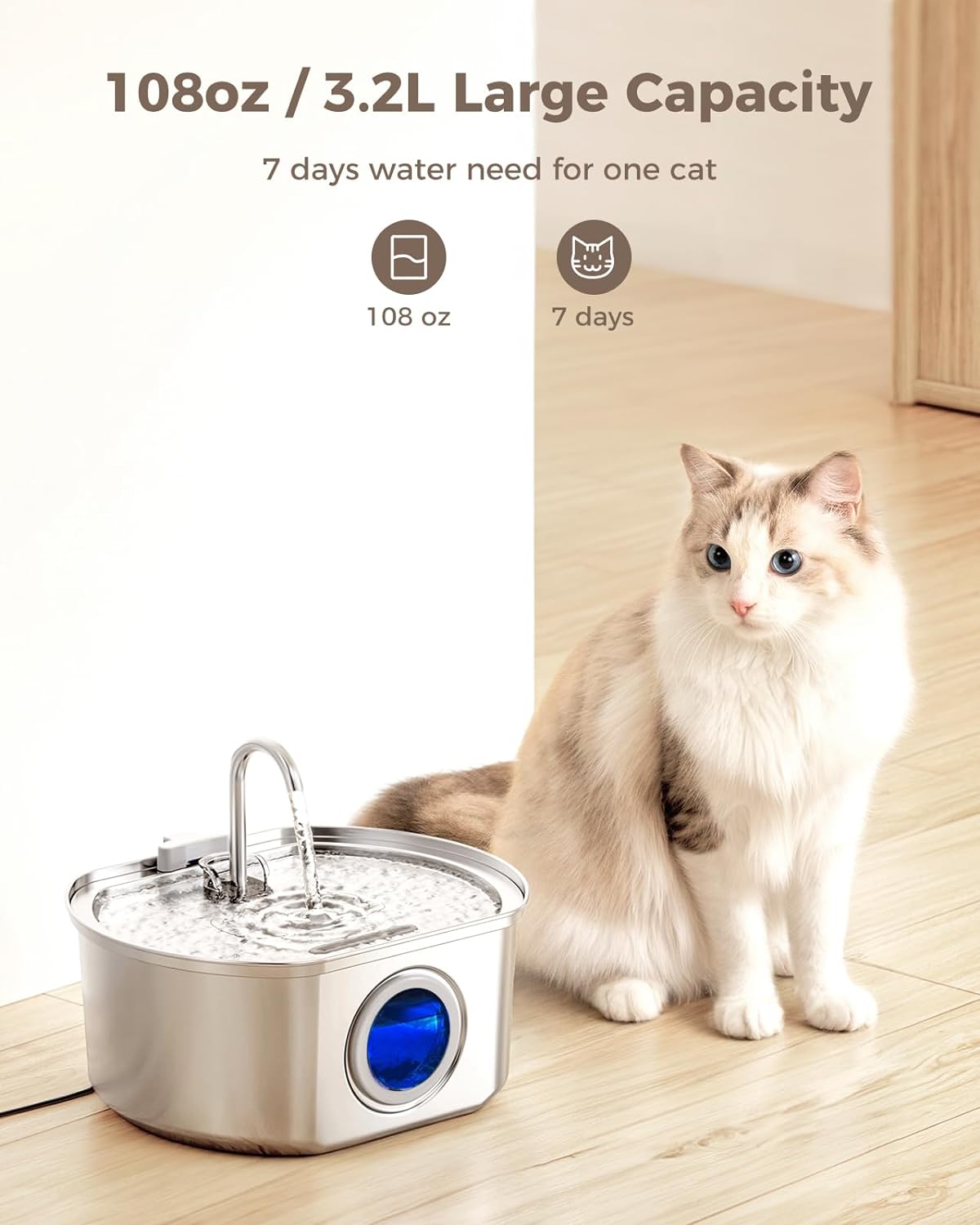 Neareal Premium-Wasserbrunnen für Katzen aus Edelstahl: Automatischer Wasserspender für Haustiere mit einem Fassungsvermögen von 320 ml und Vierfach-Filtrationssystem