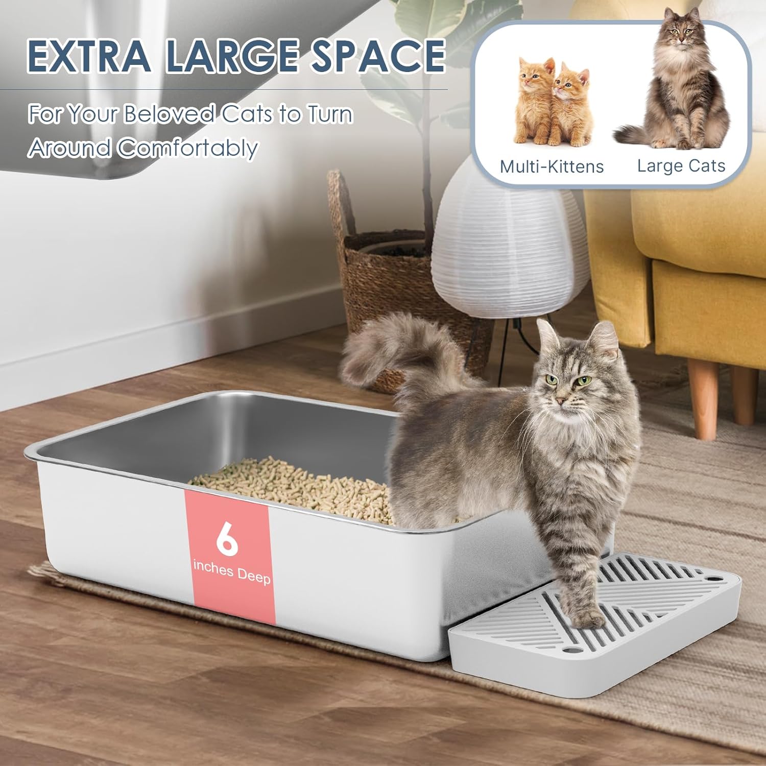 Extragroßes Katzenklo-Set aus Edelstahl von Suzzipaws (2er-Pack) – hochseitig, antihaftbeschichtet und leicht zu reinigen (23,6" x 16" x 6")