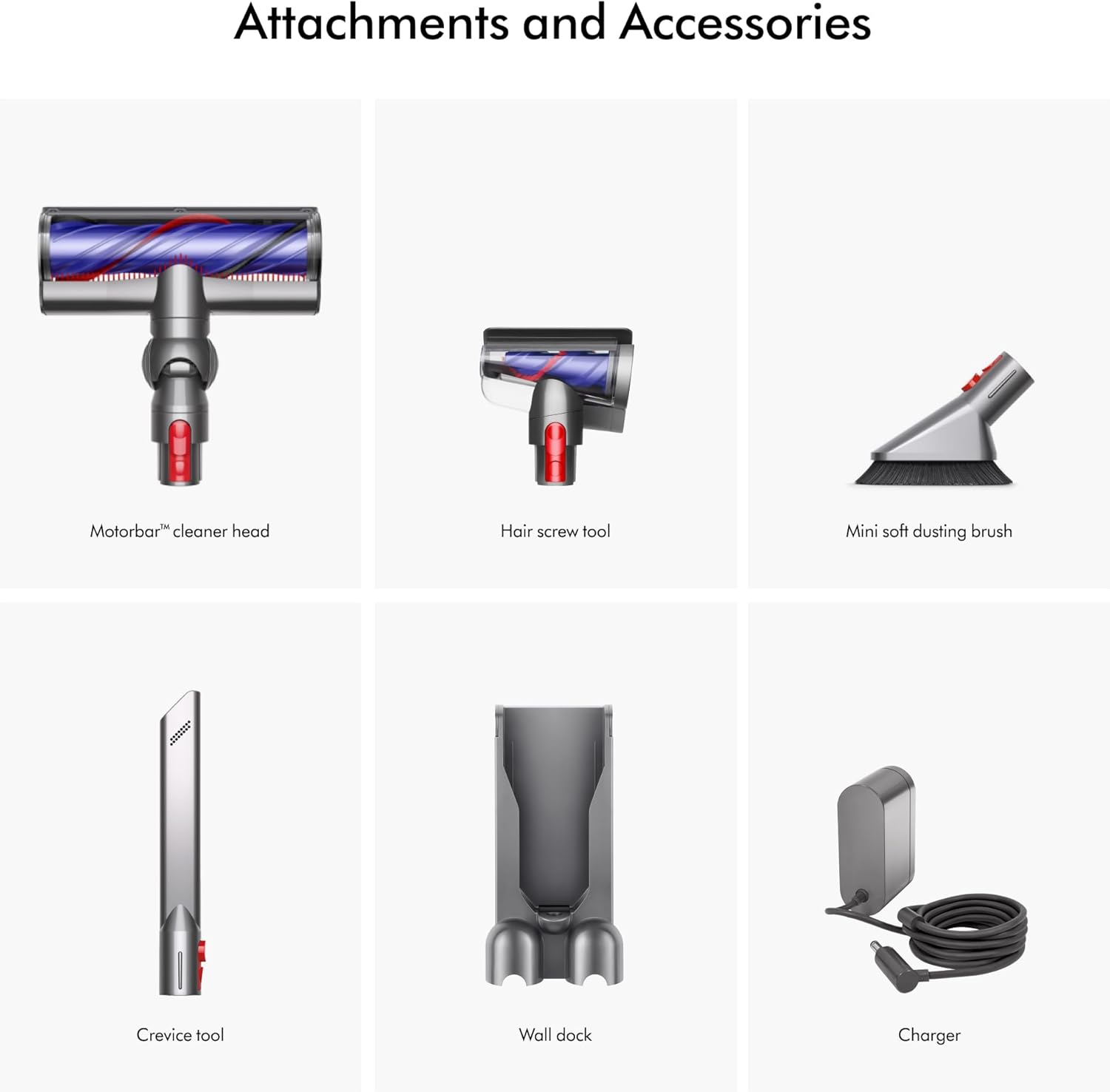 Dyson V11 Cordless Vacuum, Wand, Docking Station, Charger, Mini Soft Dusting Brush, Crevice Tool, Hair Screw Tool, Motorbar Cleaner Head, Lithium Ion Battery 